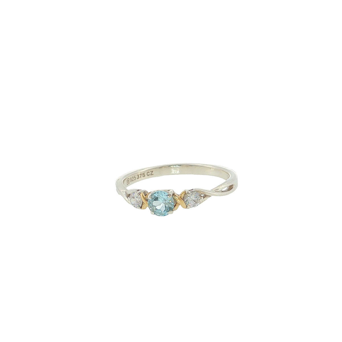 Pre-Loved Sterling Silver & 9ct Gold Blue Topaz & Cubic Zirconia Trilogy Ring – Size T