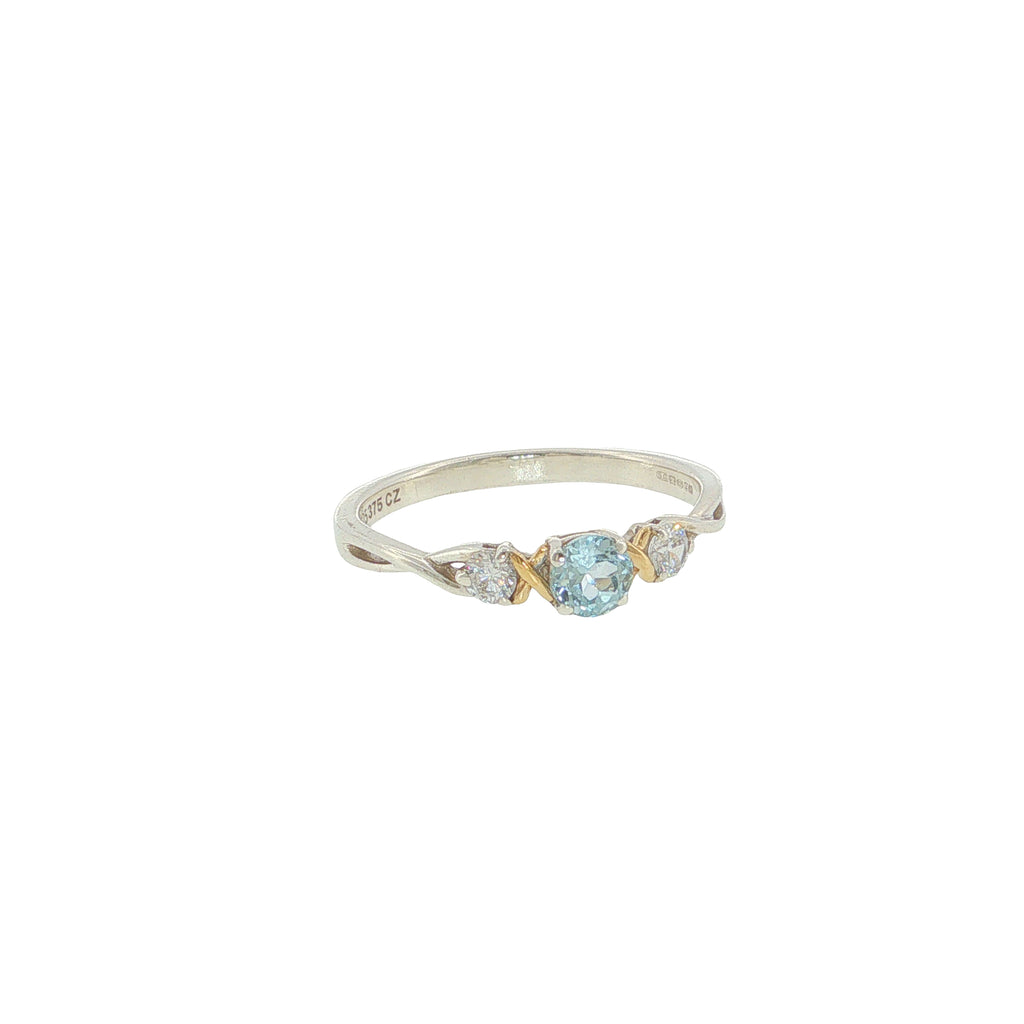 Pre-Loved Sterling Silver & 9ct Gold Blue Topaz & Cubic Zirconia Trilogy Ring – Size T