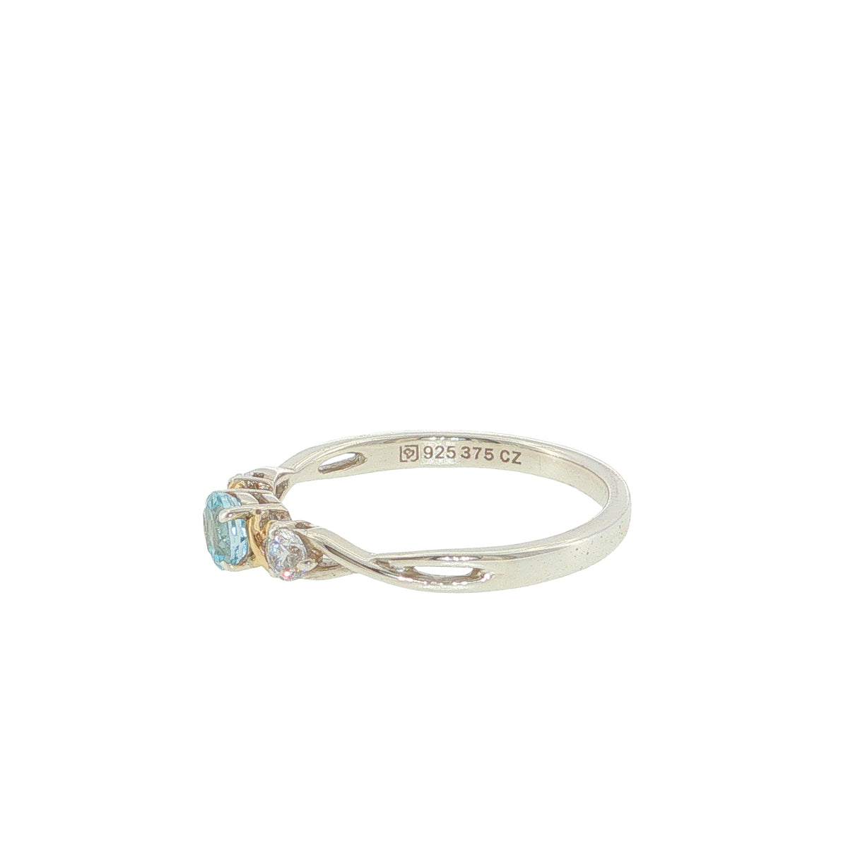 Pre-Loved Sterling Silver & 9ct Gold Blue Topaz & Cubic Zirconia Trilogy Ring – Size T