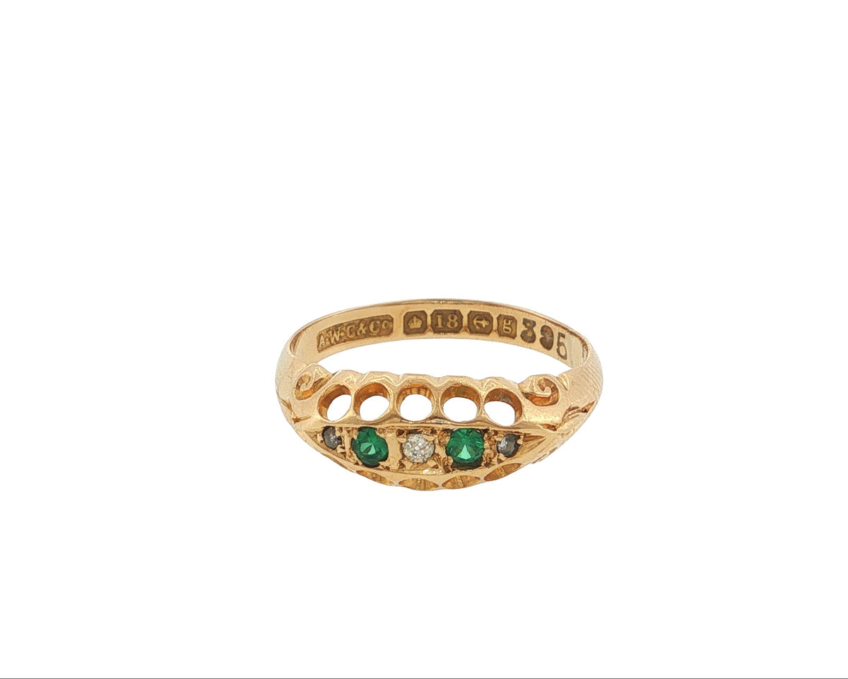 Pre-Loved Edwardian 18ct Gold Diamond & Emerald Five-Stone Boat Ring