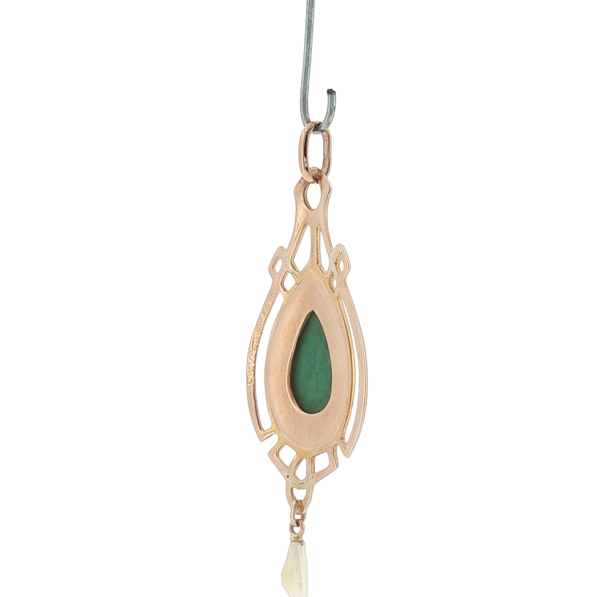 Pre-Loved Edwardian 9ct Rose Gold Turquoise & Wing Pearl Art Nouveau Pendant