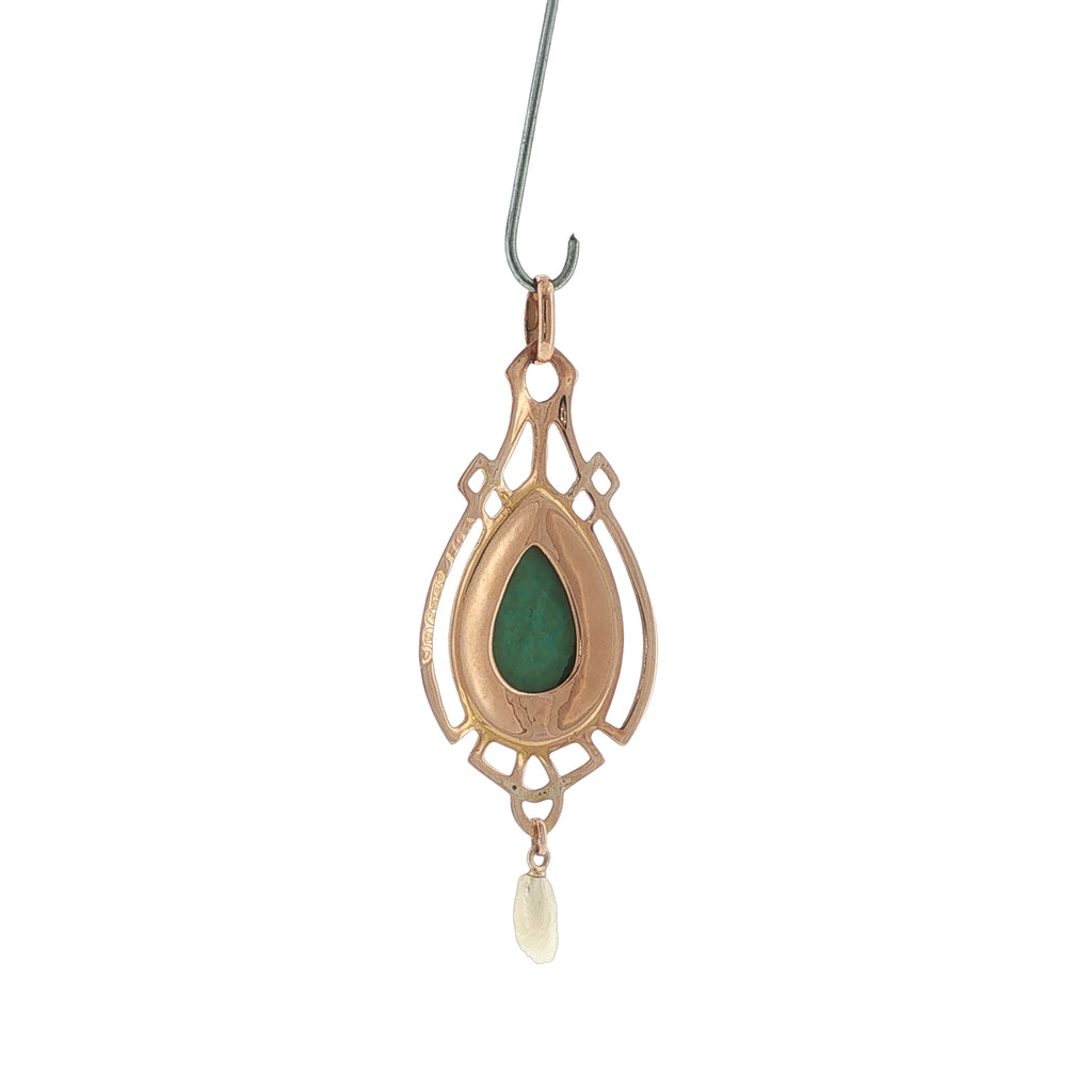 Pre-Loved Edwardian 9ct Rose Gold Turquoise & Wing Pearl Art Nouveau Pendant