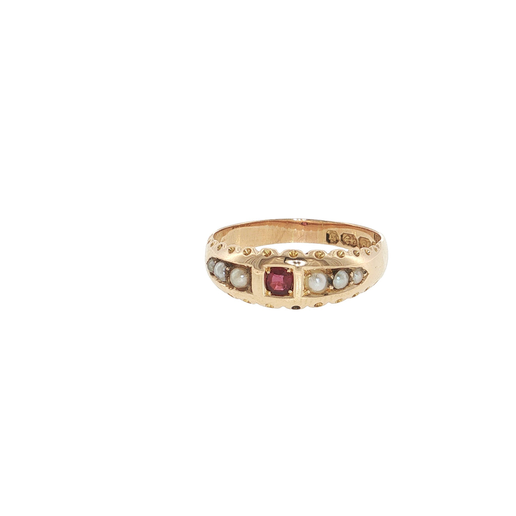 Antique Victorian 18ct Gold Ruby & Seed Pearl Ring