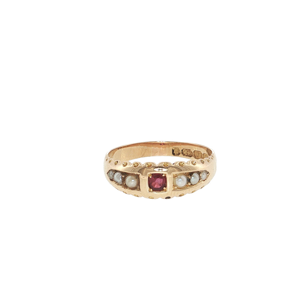Antique Victorian 18ct Gold Ruby & Seed Pearl Ring