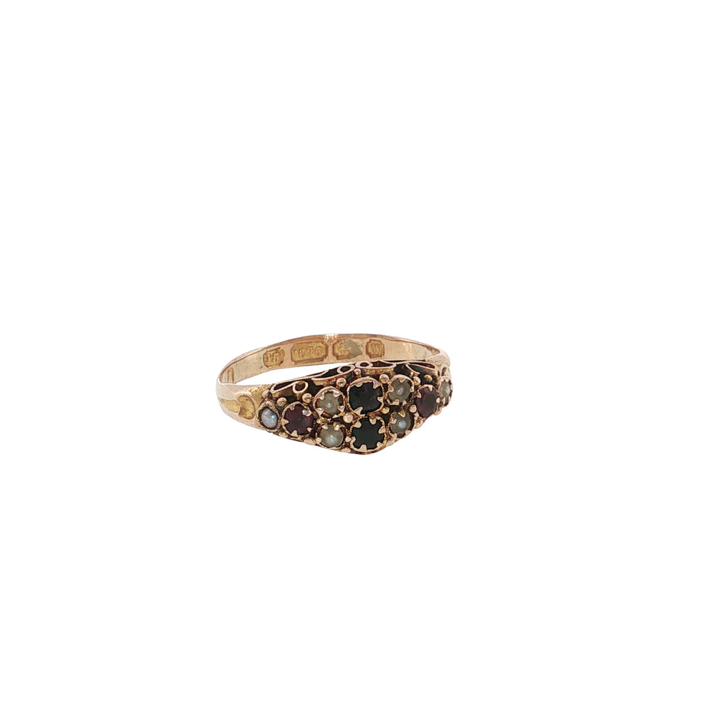 Pre-Loved Antique Victorian 18ct Gold Ruby, Garnet & Seed Pearl Ring – Birmingham 1871