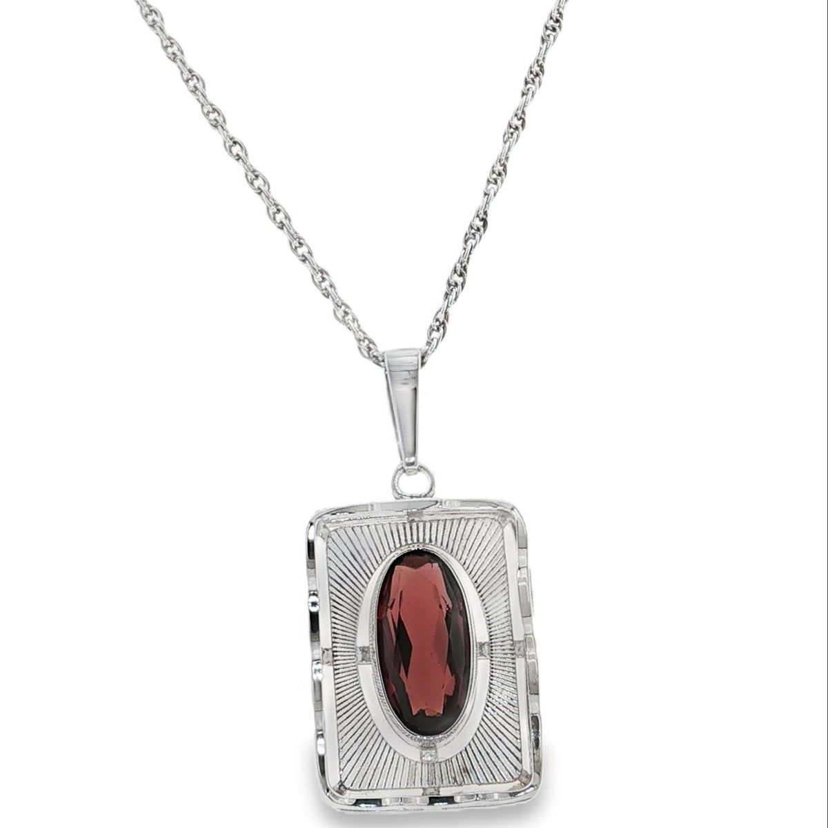 Sterling Silver Red Stone Art Deco Style Pendant Necklace – 18 Inches