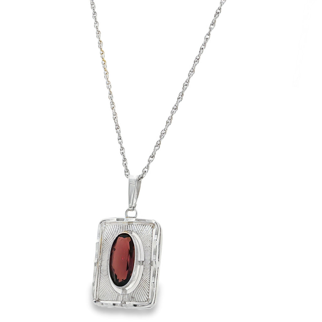 Sterling Silver Red Stone Art Deco Style Pendant Necklace – 18 Inches